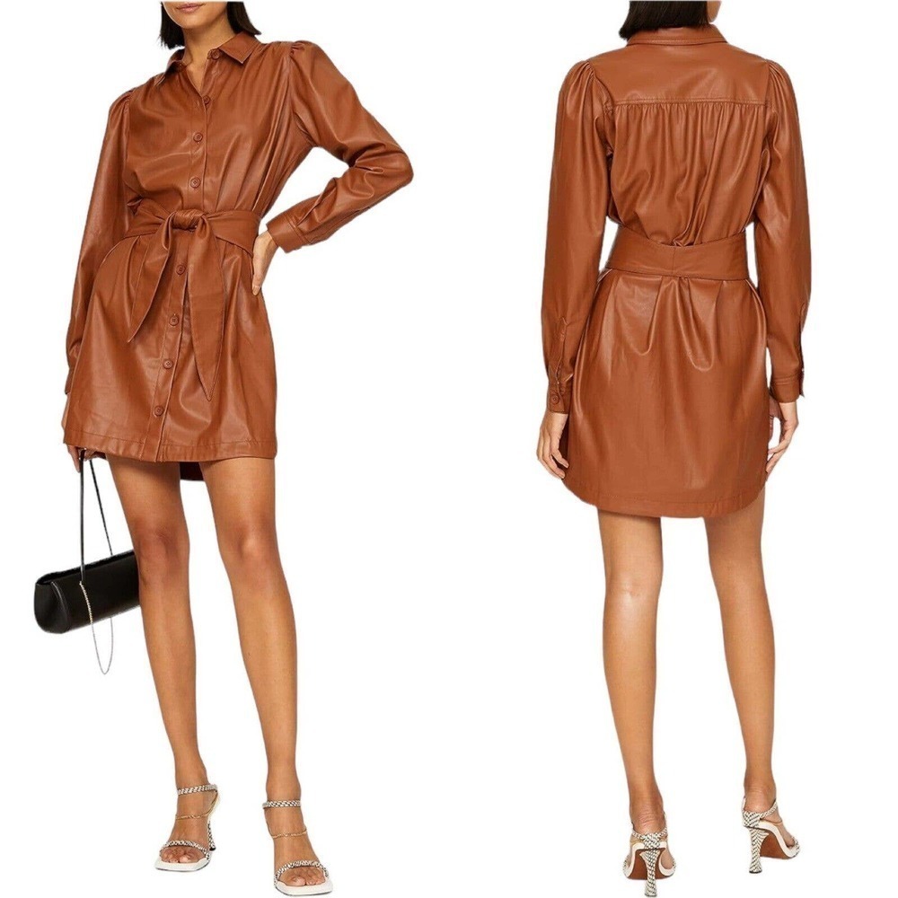 Peter Som Brown Long Sleeve Faux Leather Button-up Belted Shirtdress Size 2